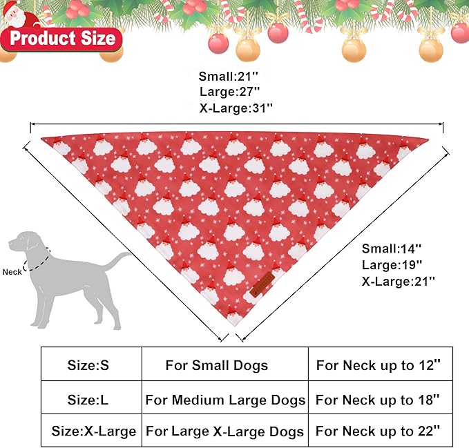 ADOGGYGO Dog Bandana Christmas Pet Scarf Bib Kerchief, Premium Durable Fabric, Red Green Santa Snowman Christmas Bandanas for Extra Large Dogs (X-Large)