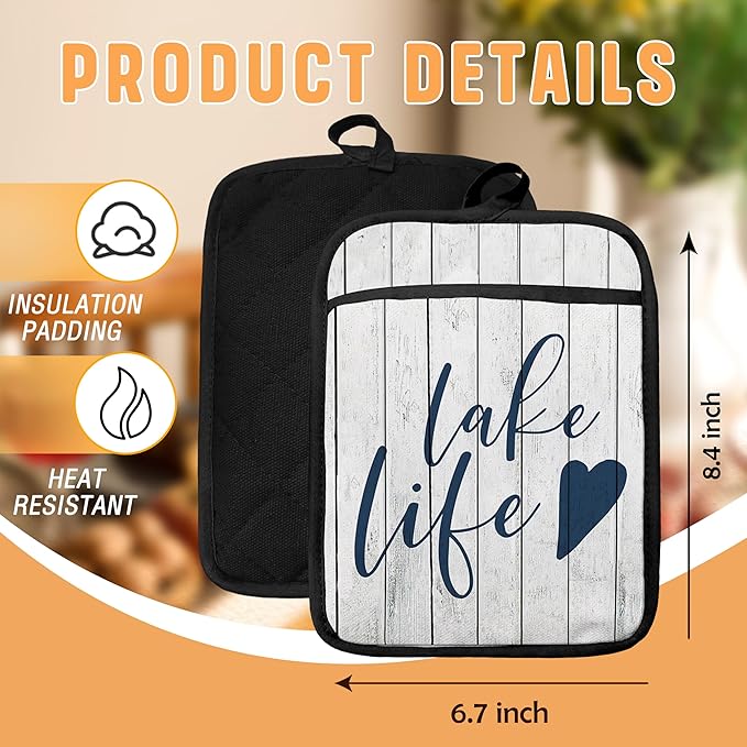 Lake Life Gifts Pot Holders with Pockets, Lake Life House Gifts for Women Oven Pot Holders Heat Resistant Oven Mitts Hot Pads for Kitchen Baking Cooking