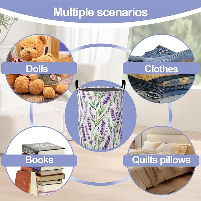 Laundry Basket,Purple Lavender Large Canvas Fabric Lightweight Storage Hamper Organizer Dirty Clothes Collapsible Waterproof for College Dorms,Bathroom
