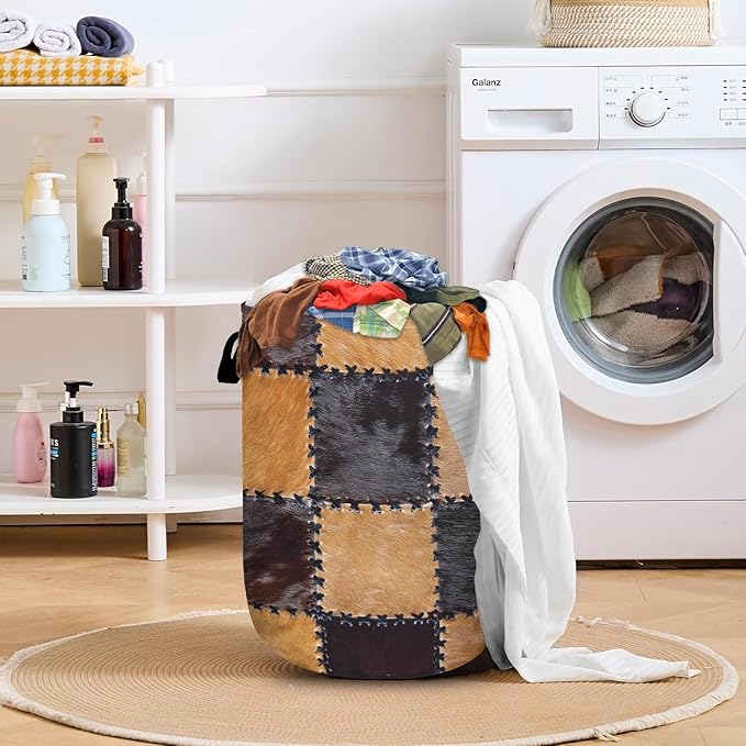 Cowhide Patchwork Laundry Basket with Sturdy Handles, Retro Cow Print Collapsible Oxford Cloth Laundry Hamper Organizer Basket for Bathroom Bedroom 15.7x20 Inch