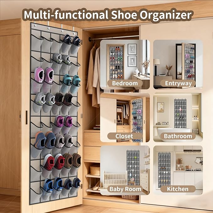 Gisiyunly Over the Door Shoe Organizer with 40 Large Pockets, Multi-Purpose Storage for Shoe and Accessories, Durable Fabric with Adjustable Hooks for Home Closet Bedroom Entryway-Grey