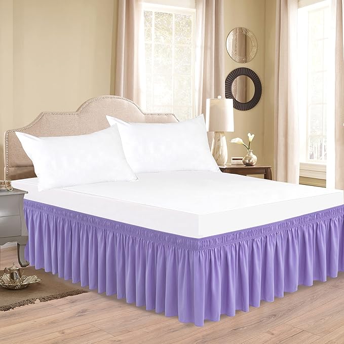 Biscaynebay Wrap Around Bed Skirts for King & Cal King Beds Short Drop of 12", Lavender Adjustable Elastic Dust Ruffles Easy Fit Wrinkle Resistant Silky Luxurious Fabric Machine Washable
