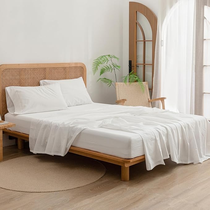 BESTOUCH Sheet Set 100% Washed Cotton Linen Feel Super Soft Comfortable Chic Lightweight 3 Pcs Home Bedding Set Solid Off White Twin