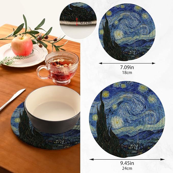 Trivets for Hot Dishes, Pots and Pans Potholders Woven Trivet Cotton Round Large Pot Holder Decor Heat Resistant Hot Pads Mat for Table Counter Cooking Potholder Set of 2 (7in + 9in) Vangogh