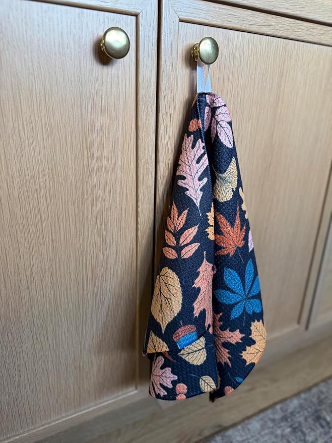 Desert Aqua 2 Pack || Double Sided|| Not Your Ordinary Kitchen Towels || Dish Towels || Quick Dry || Waffle Weave Microfiber || Designer Prints || Highly Absorbent || Hanging Hook (Fall Leaves Black)