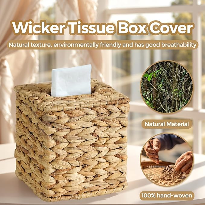 KALEKAIL 2 Pack Rattan Tissue Box Cover, Wicker Tissue Box Holder Square, Boho Decorative Woven Water Hyacinth Cube Tissue Holders for Bathroom Living Room Kitchen