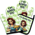 Funny Baking Oven Mitts and Pot Holders Set of 3, I'm Baked Too, Heat Resistant Non-Slip Kitchen Mitts Hot Pads, Baking Gifts for Hostess, Sweet Housewarming Gifts for Mom Wife Bake Lover