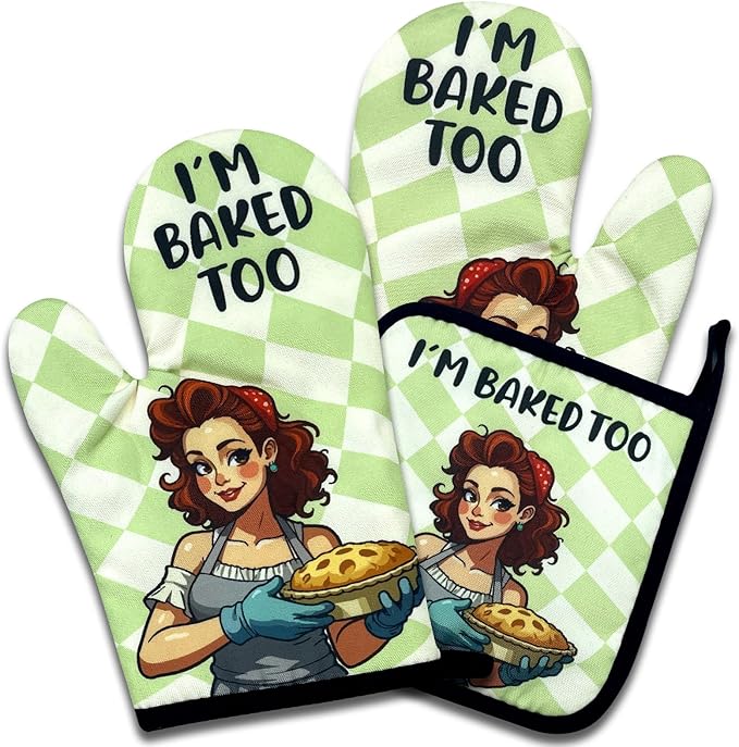 Funny Baking Oven Mitts and Pot Holders Set of 3, I'm Baked Too, Heat Resistant Non-Slip Kitchen Mitts Hot Pads, Baking Gifts for Hostess, Sweet Housewarming Gifts for Mom Wife Bake Lover