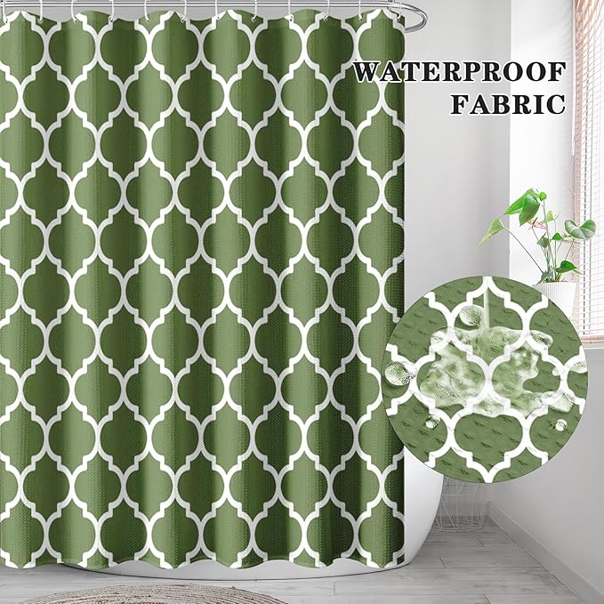 Culudea Sage Green Quatrefoil Moroccan Plaid Waffle Textured Cloth Shower Curtain Set, Four Leaf Clover Retro Grid Geometric Bathroom Window Waterproof Shower Curtains for Bathroom Decor