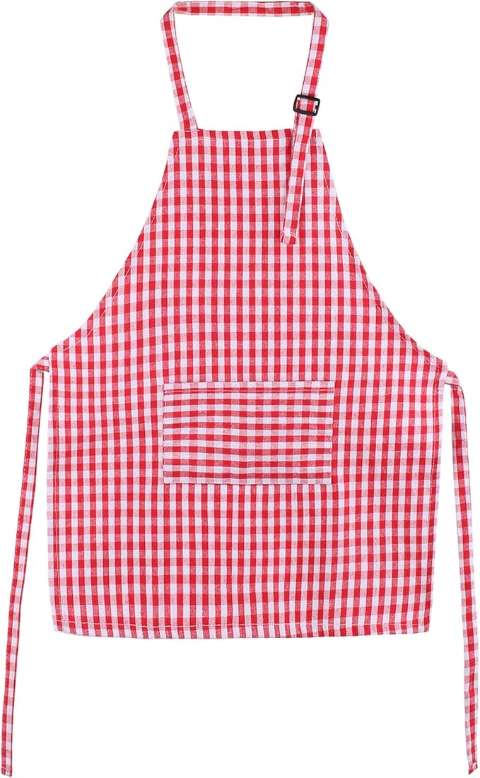 Jennice Kids Aprons - Pure Cotton Gingham Aprons with Pocket and Adjustable Neck Strap, Perfect for Painting, Cooking or Parties (Red, L)