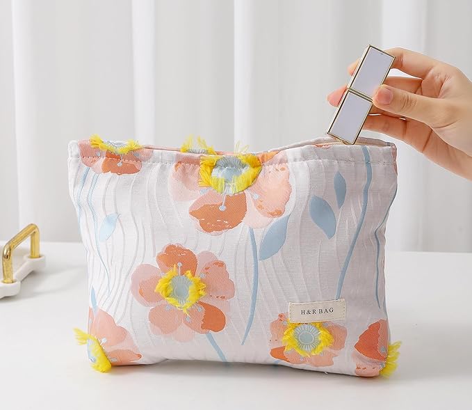 getgto 2 Pcs Makeup Bags, Large Cosmetic Bag Travel Toiletry Bag Organizer for Women, Embroidery Craft, Floral Makeup Bag Small Cosmetic Pouch Purse with Zipper Gifts for Girls Teen