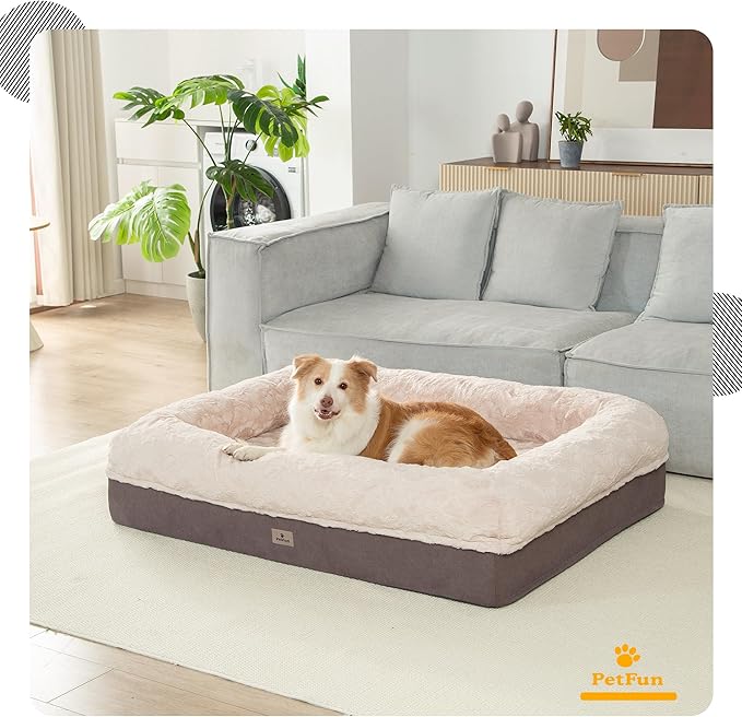 PetFun Memory Foam XL Dog Bed for XLarge Sized, Extra Large Orthopedic Dog Sofa with Sides and Waterproof Liner, Washable Bolster Pet Bed Couch with Removable Cover, 50x38x13 Inch, Khaki