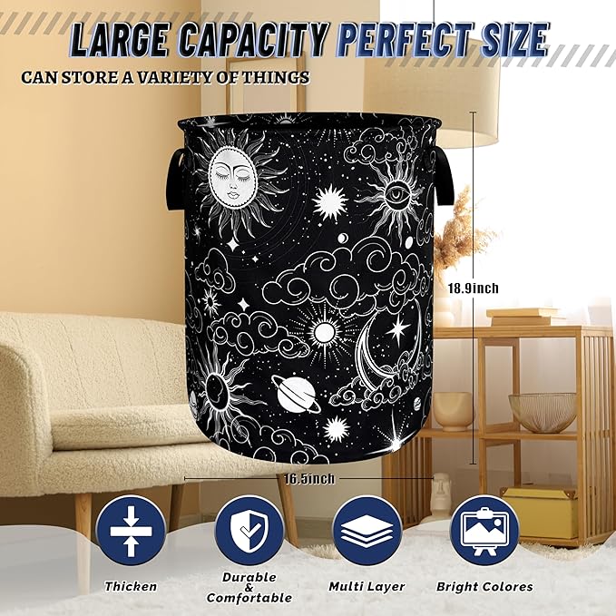 Beautiful Clouds Sun Stars Laundry Basket Oxford Cloth Moon Laundry Hamper With Handle Portable Clothes Storage Basket Foldable Funny Laundry Bag 18.9"x16.5" For Laundry Room/Bedroom/Bathrooms