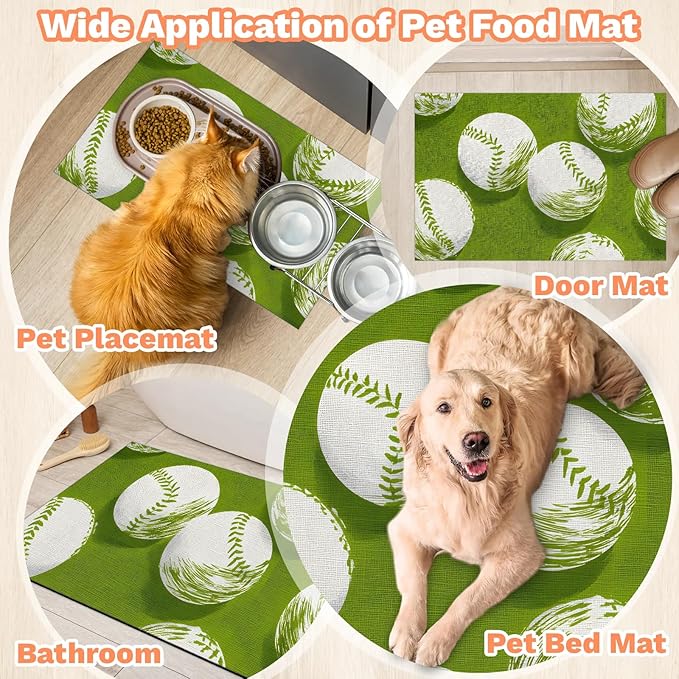 Eizlang Baseball Dog Cat Food Mat,12"x20" Inches Rapid Absorbent Pet Feeding Mat,Green Pets Placemat Water Bowl Mats with Rubber Backing,No Stains Cat Dog Feeding Mats Indoor,Pet Accessories Supplies