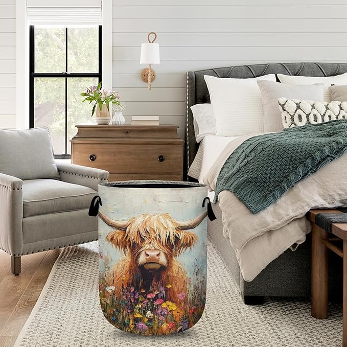 Watercolor Highland Cow Flower Laundry Basket with Sturdy Handles, Collapsible Oxford Cloth Laundry Hamper Organizer Basket for Bathroom Bedroom 15.7x20 Inch