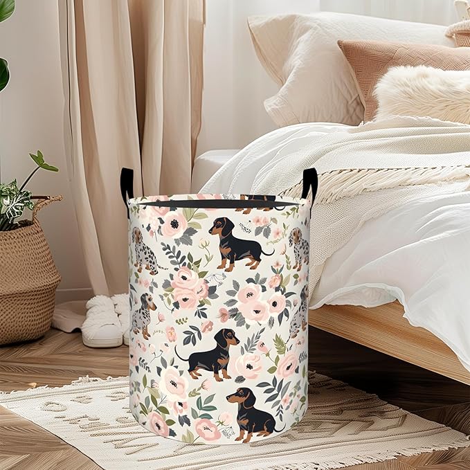 ainori Floral Dachshund Dog Laundry Basket, Oxford Cloth Playful Dirty Clothes Collapsible Hamper for Room Decor, Flower and Puppy Print Gifts Toy Organizer 19.7 * 15.8 Inch for Bedroom Bathroom Dorm