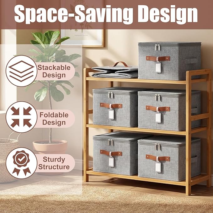 Fiwochic 6 Pack Fabric Storage Bins with Lids and Label, 15x10x10Inch Large Size Foldable Cotton Linen Storage Boxes with PU Leather Handles Holders for Closet, Bedroom, Shelf, Nursery, Gray