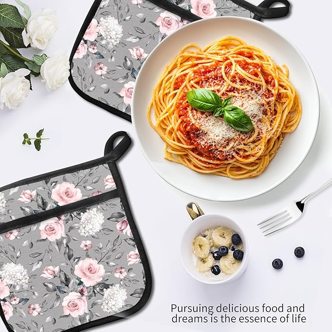2 Pack Pot Holders for Kitchen Clearance, Cute Hot Pads, Funny Oven Pot Holders, Potholders Sets for Kitchen Heat Resistant Grey Pink Flowers