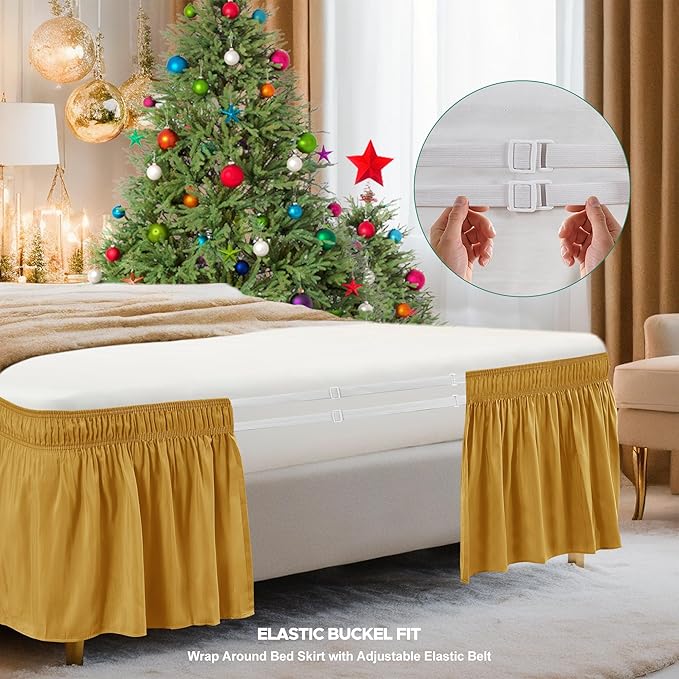Biscaynebay Wrap Around Bed Skirts for King & Cal King Beds Short Drop of 12", Gold Adjustable Elastic Dust Ruffles Easy Fit Wrinkle Resistant Silky Luxurious Fabric Machine Washable