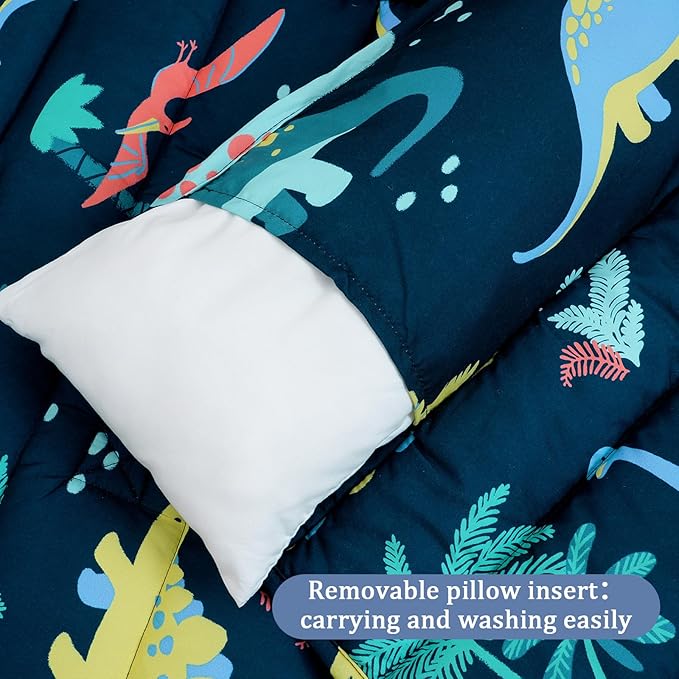 PHF Toddler Nap Mat with Removable Pillow and Minky Fleece Blanket, Rollup Design Warm Slumber Bags for Boys, 52"x20"x2" Kids Sleeping Bag for Daycare Preschool Travel Camping, Dinosaur