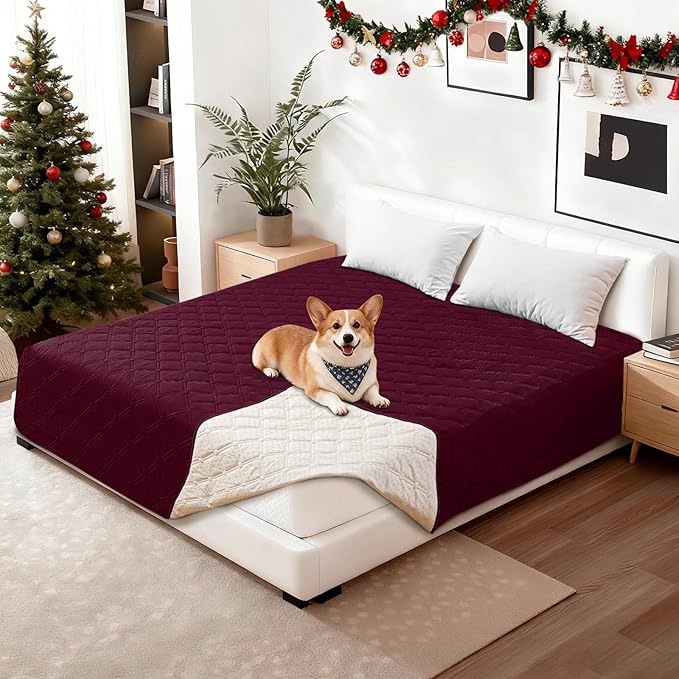 CYCMACO Waterproof Dog Bed Cover, Non-Slip Dog Blanket for Couch, Couch Covers for Dogs Washable, Pet Blanket for Furniture, Pet Bed Mat for Sofa, Car, Pet Supplies Christmas (82x82 Inch, Burgundy)