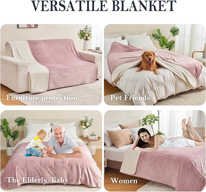 Yaning Waterproof Blanket 40"x60" for Adults, Reversible Waterproof Bed Cover for Dogs Cats Pets, Soft Leakproof Blanket for Bed Couch Sofa Furniture Protector, Dusty Pink/Off White