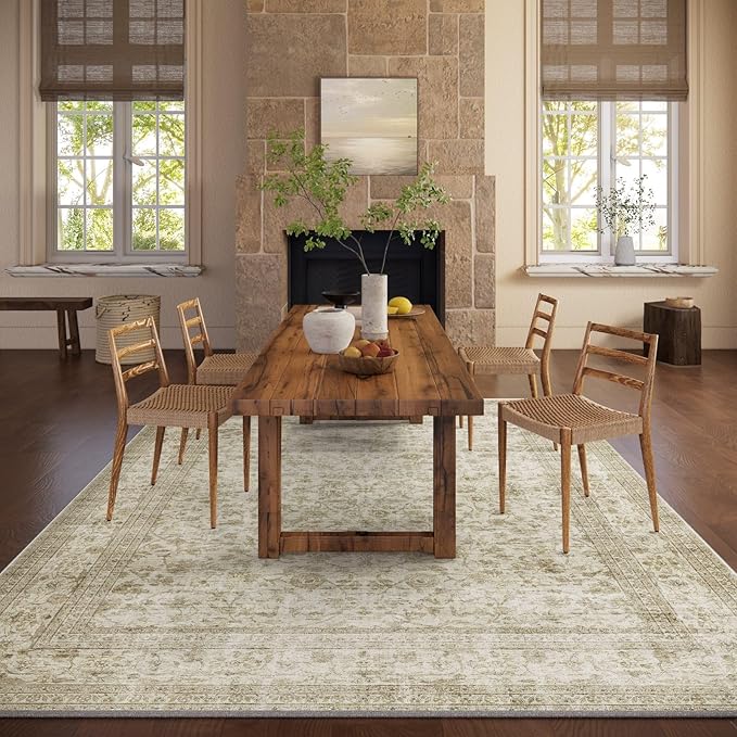 10x14 Area Rug Washable Rugs: Large Living Room Rug Stain Resistant Non Slip Distressed Vintage Low Pile Faux Wool Soft Carpet for Bedroom Farmhouse Dining Room Kids Playroom Nursery