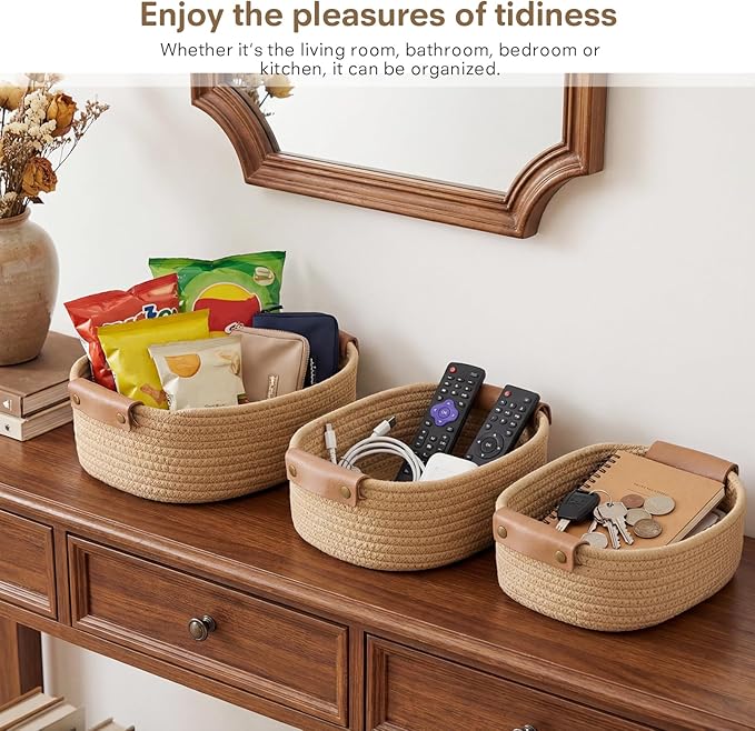 ECDYQXVU 5 Piece Storage Baskets Small Woven Basket with Detachable Leather Handle, Cotton Rope Shelf Baskets for Closet Organizers, Different Sizes Basket Decor, Jute Brown