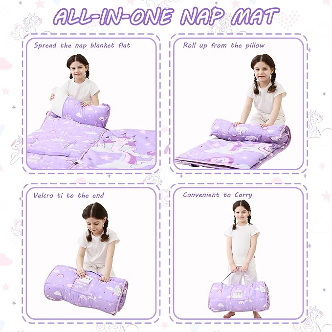 Lasoftan Toddler Nap Mat with Pillow and Blanket, Extra Large Rolled Napping Mats,Slumber Bags for Boys Girls,Kids Sleeping Bag for Daycare, Preschool Travel Camping