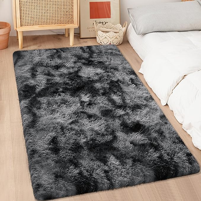 3x5 Dark Grey and Black Shaggy Rug for Bedroom Living Room Soft Fuffly Shag Carpet Plush Gray Area Rug Indoor Furry Kids Play Mat for Girls Boys Room Dorm Nursery Home, Tie Dye