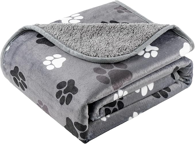 CAPT.SNOOZE Waterproof Dog Blankets Pet Blanket 60"x80", Soft Fluffy Sofa Car Bed Protector, Reversible Sherpa Fleece Dog Blanket for Large Dogs (Dark Grey-Paws)