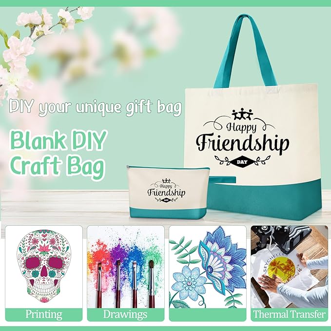 Sanwuta Canvas Tote Bags Bulk with Zipper Cosmetic Pouch 18.5" Reusable Cotton Shopping Bag with Handle for DIY Craft