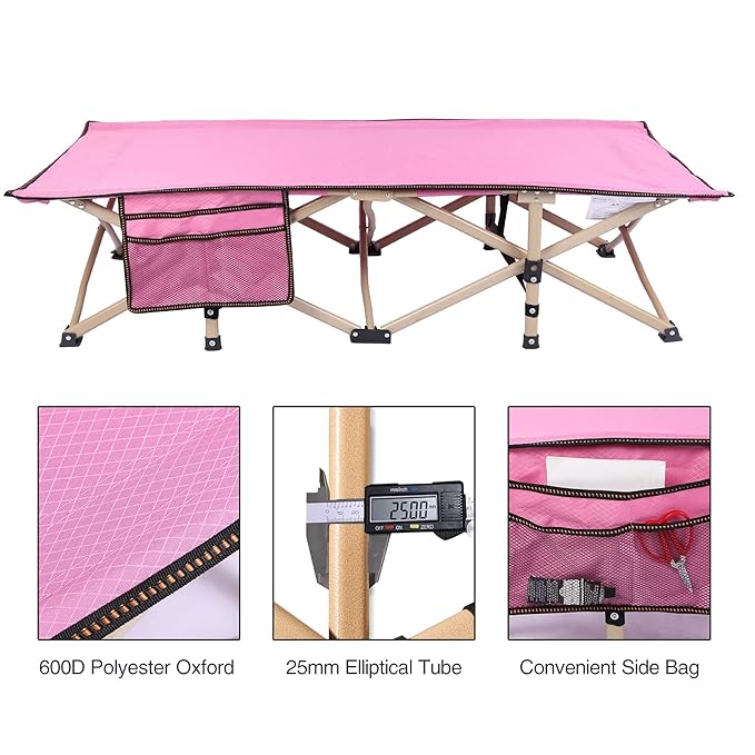 REDCAMP Extra Long Kids Cot for Sleeping 2-7 Years, Portable Travel Toddler Cot Bed with Carry Bag, Lightweight for Outdoor Indoor Home, Pink 53''x26''