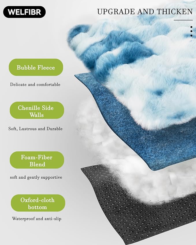 Welfibr Fluffy Faux Fur XL Dog Bed Large Sized Dog Washable Rasied Dog Bed Orthopedic Dog Beds with Sides Noiseless Supportive Foam Dog Couch Anti-Slip Comfort Pet Beds with Removable Cover Blue 48"