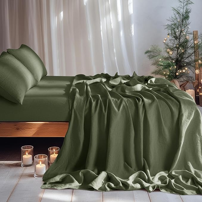 LBRO2M 100% Linen Sheet Set 16" Deep Pocket California King Size,Bed Sheets 4 Piece Sets,Solid Color Natural Flax Bed Sheets Soft Breathable Bedding,All Season (Clifornia King, Olive Green)