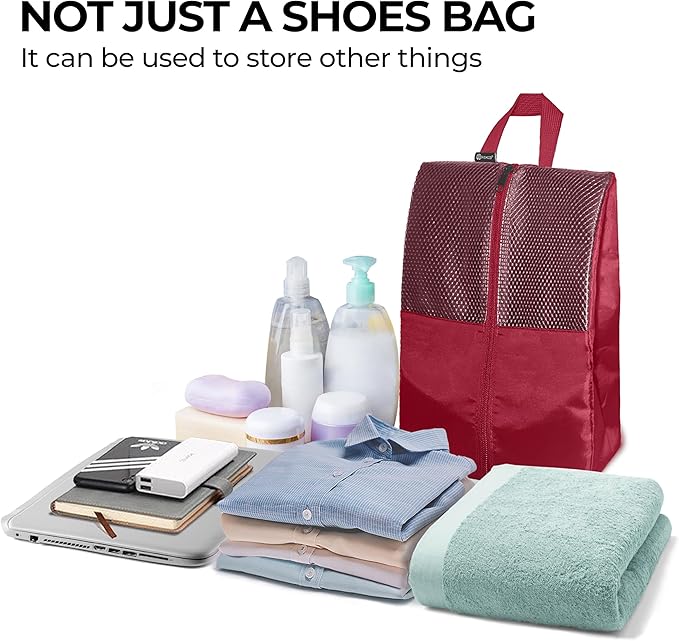 HANOZI Shoe Bags For Travel, Used As For Storage or Shoe Travel Bag, Space Saving When Travelling With This Travel Shoe Bags For Packing, Featuring Waterproof Nylon Sneaker Bag. (Red, 2 Pack, Large)