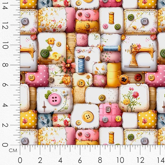 Cotton Fabric Panel – Single Continuous Patchwork Gnome Sewing Panel with 6 Printed Squares (9.8” x 9.8”), Bonus Patchwork Area 29.5” x 19.7” – 100% Cotton Satin Fabric for Quilting & Sewing Projects