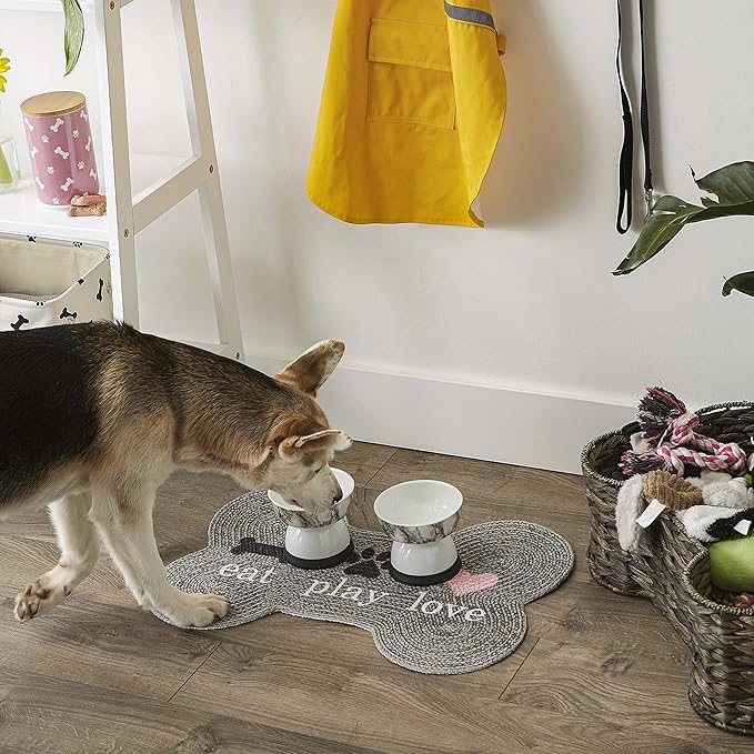 DII Braided Pet Mat Collection 100% Cotton, Bone Shape, Gray Eat Play Love