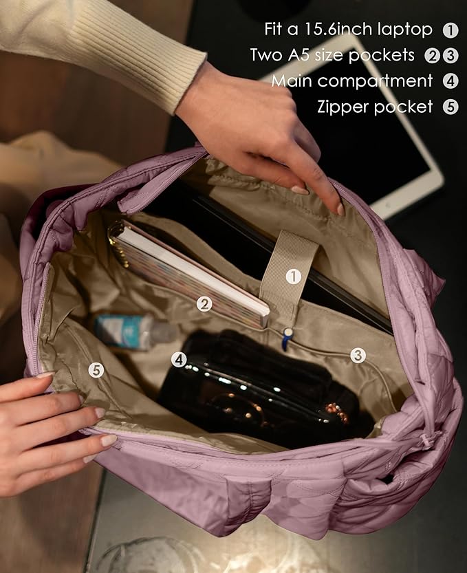 Uselike Tote Bag for Women, Lightweight Puffer Tote Work Bags with Compartments for Travel, Quilted Shoulder Bag with Zipper