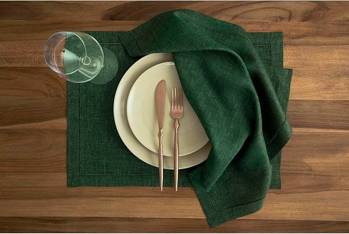 Solino Home Linen Napkins Set of 4 - Hemstitch 100% Pure Linen Forest Green Dinner Napkins Cloth 20 x 20 Inch for Winter, St Patricks Day - Milan, Handcrafted and Machine Washable