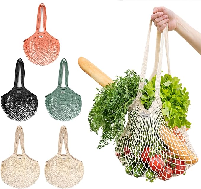 Lemonfilter Mesh Produce Bags, 5 Pack Large Reusable Mesh Grocery Bag Washable Cotton String Organizer Shopping Bags with Handle, Net Tote Bag for Vegetables Fruit Farmers Market Shopping (4 color)