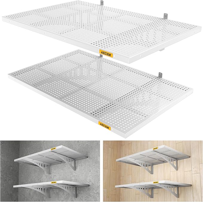 Aecxm 2-Pack 2x3ft Adjustable Garage Wall Shelving 560lbs Load Capacity Heavy Duty Wall Mounted Storage Shelf Metal Floating Shelves for Garage(White)