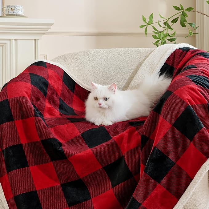 Qeils Dog Blankets for Large Dogs, Waterproof Dog Blanket Washable, Soft Sherpa Fleece Puppy Blanket for Kitten Doggy, Warm Cat Blankets for Indoor Cats, 50"X60", Red Christmas Checker