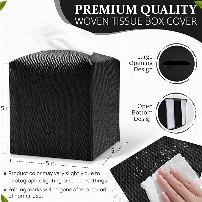 Tissue Box Cover, PU Leather Tissue Box Holder with Bottom Belt, Modern Square Tissue Box Covers with Wide Opening (Black, Woven Patterns)