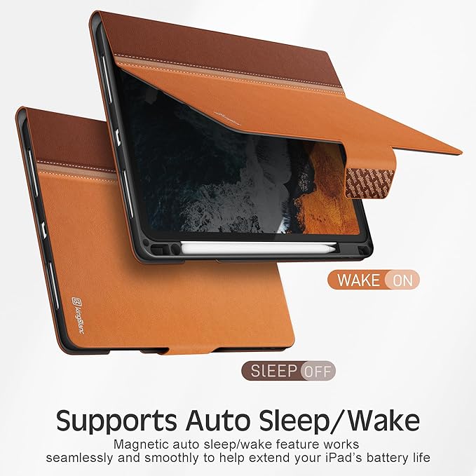 KingBlanc Case for iPad Pro 11-inch Case 4th/3rd/2nd Generation (2022/2021/2020) with Pencil Holder, Vegan Leather Bicolor Cover, Auto Sleep Wake, Apple Pencil 2. Charging, Orange Brown