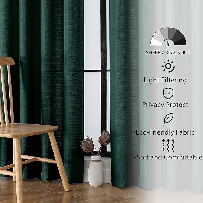 Lecloud Bessie Hunter Green Curtains 78 Inches Long 2 Pcs, Airy Home Decor Living Room Curtains for Bedroom Decor, Light Filtering Rod Pockets Elegant Drapes for Dining Room, Each 40" W x 78" L