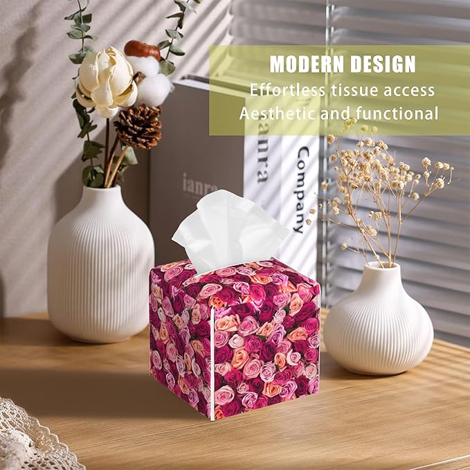 BLYKVGHQ Square Tissue Box Cover Pink and Orange Roses Tissue Box Holder Facial Cube Paper Dispenser Leather Decorative Organizer Home Office Desk Decor, 5.2"x5.2"x5.2"