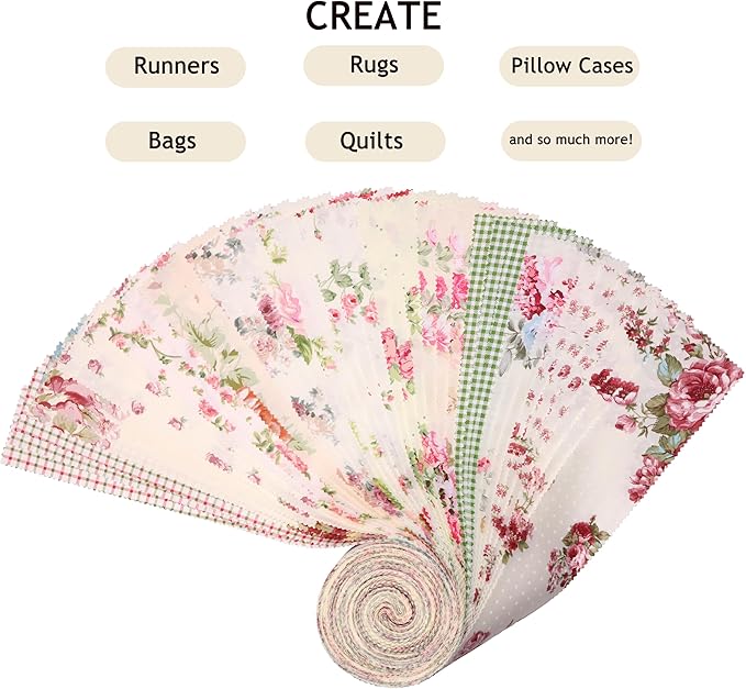Hanjunzhao Jelly Roll Fabric Strips for Quilting, Crafting, and Sewing, 42 Strip Jelly Rolls Fabrics Clearance, Soft Cotton for Blanket, Rug, Upholstery, Home Decor, and Purse Making, Vintage Floral