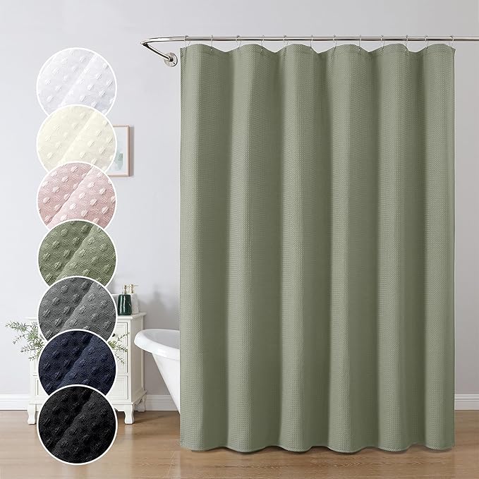 OWENIE Sage Green Shower Curtain, Waffle Weave Heavy Fabric Shower Curtain for Bathroom, Waterproof Thick Textured 420G/M Elegant Luxury Hotel Spa Bath Curtains, Machine Washable, 72W x 72L