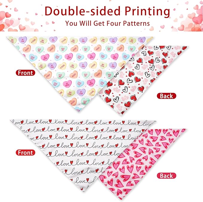 Valentine's Day Dog Bandana Reversible 2 Pack Small, Valentine Day Pet Bandanas for Dogs Love Heart Adjustable Triangle Holiday Scarves for Small Medium Boy Girl Dogs